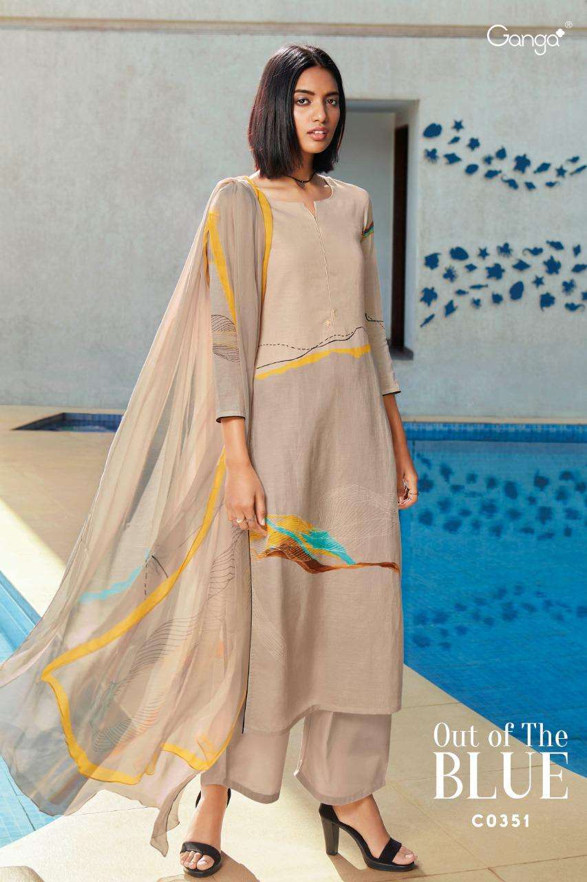 OUT OF THE BLUE BY GANGA FASHION 348 TO 352 SERIES DESIGNER SUITS BEAUTIFUL STYLISH FANCY COLORFUL PARTY WEAR & OCCASIONAL WEAR PURE LINEN DIGITAL PRINT DRESSES AT WHOLESALE PRICE